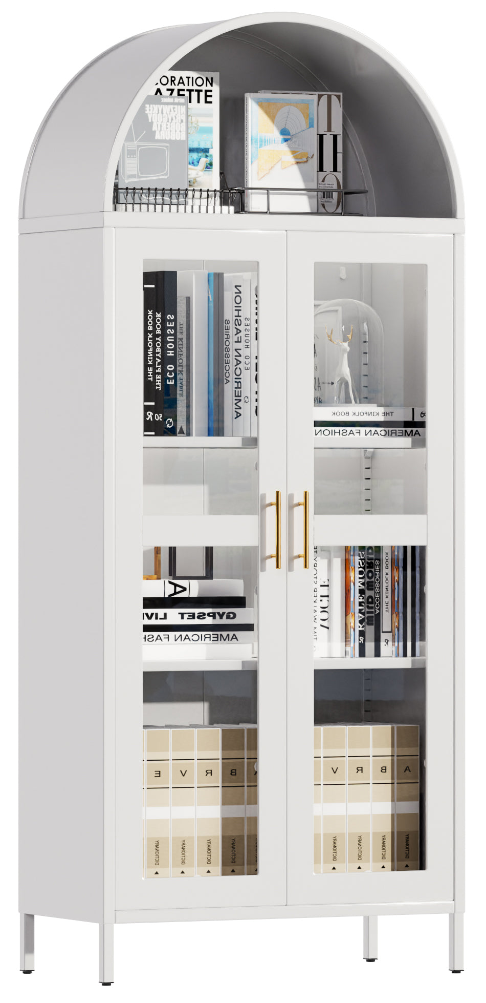 Metal Arched Storage Display Cabinet, Tall Cabinet with Glass Doors and Two Adjustable Shelves,Metal Bookcase,Display Case for Living Room,Kitchen and Office,Assembly Required(White)
