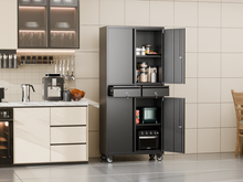 Load image into Gallery viewer, Metal Garage Storage Cabinets with Wheels, 4 Doors Tool Storage Cabinet with 2 Drawers, Steel Lockable Cabinet for Home, Office, School and Pantry, Assembly required (Black &amp; Gray)
