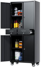 Load image into Gallery viewer, Metal Garage Storage Cabinets with Wheels, 4 Doors Tool Storage Cabinet with 2 Drawers, Steel Lockable Cabinet for Home, Office, School and Pantry, Assembly required (Black &amp; Gray)
