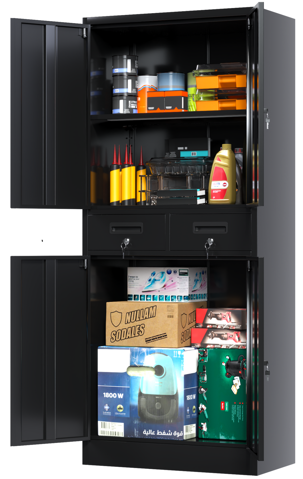 Metal Storage Cabinet with Locking Doors and 2 Drawers, 71’’ Lockable Steel Storage Cabinet with Adjustable Shelves for Garage Utility Room Home Office School(Assembly required)
