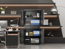 Load image into Gallery viewer, Metal Garage Storage Cabinets with Wheels, 4 Doors Tool Storage Cabinet with 2 Drawers, Steel Lockable Cabinet for Home, Office, School and Pantry, Assembly required (Black &amp; Gray)
