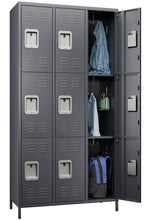 Load image into Gallery viewer, GangMei Metal Storage Locker Cabinet with 9 Lockable Utility Chest Closet, Large Steel Wardrobe Cabinet for Gym, Garage, Living Room, Office, School, Employees Locker(Dark Grey)

