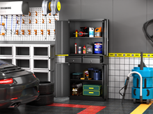 Load image into Gallery viewer, Metal Garage Storage Cabinets with Wheels, 4 Doors Tool Storage Cabinet with 2 Drawers, Steel Lockable Cabinet for Home, Office, School and Pantry, Assembly required (Black &amp; Gray)
