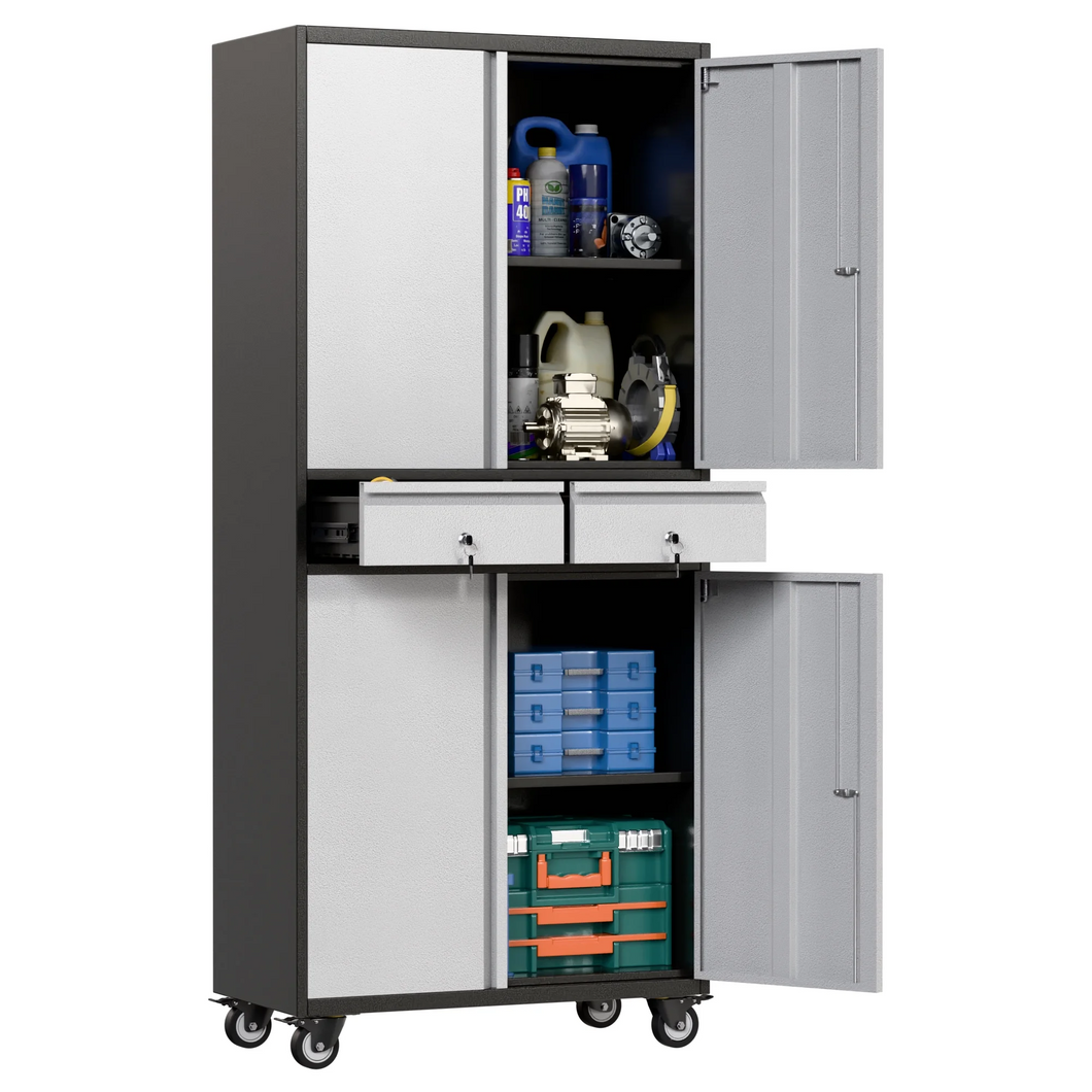 Metal Garage Storage Cabinets with Wheels, 4 Doors Tool Storage Cabinet with 2 Drawers, Steel Lockable Cabinet for Home, Office, School and Pantry, Assembly required (Black & Gray)