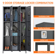Load image into Gallery viewer, GangMei Metal Storage Locker Cabinet with 9 Lockable Utility Chest Closet, Large Steel Wardrobe Cabinet for Gym, Garage, Living Room, Office, School, Employees Locker(Dark Grey)
