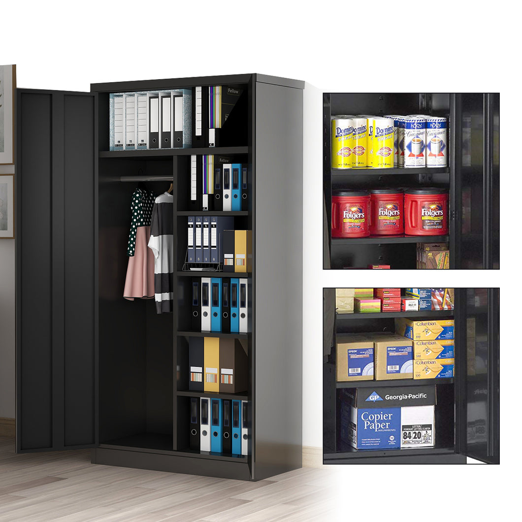 SUXXAN Steel Wardrobe Cabinet Locker,71''H Metal Locker with Lockable Doors and Hanging Rod, Perfect for Bedroom,Gym,Living Room, Assembly required (Black, Locker)