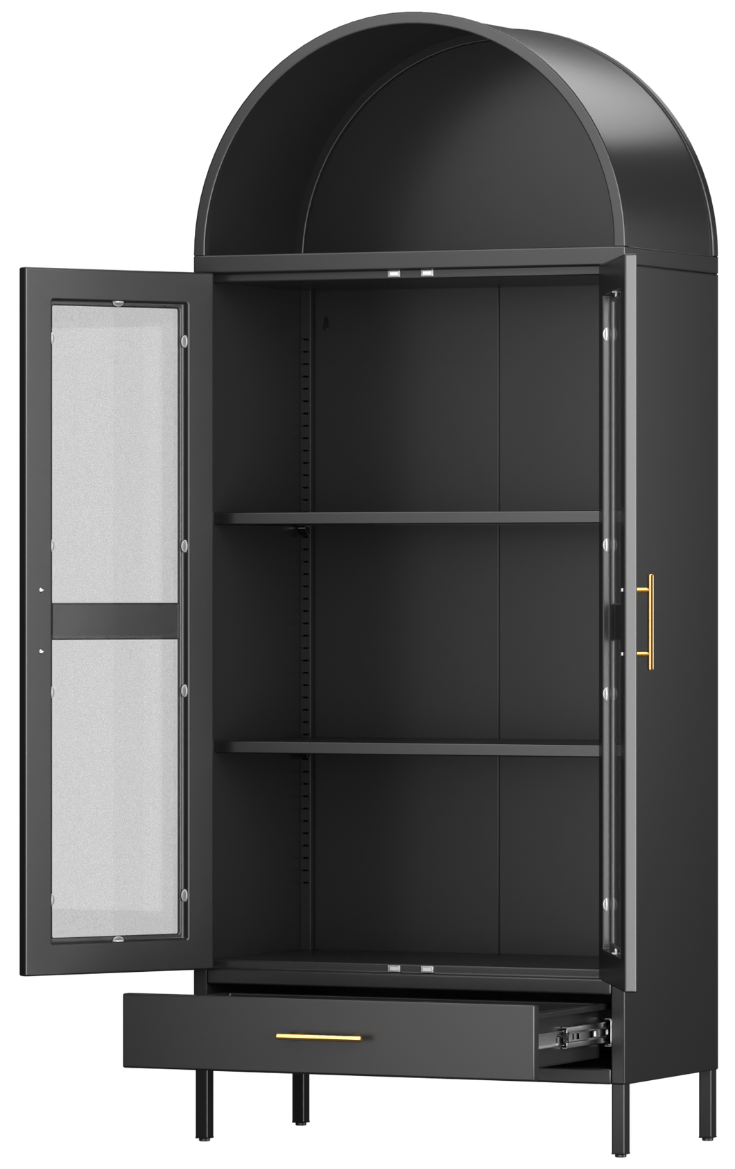 Metal Arched Storage Display Cabinet with One Drawer, Pantry Cabinet, Curio Cabinet with Glass Doors, Metal Bookcase for Living Room,Kitchen and Office,Assembly Required
