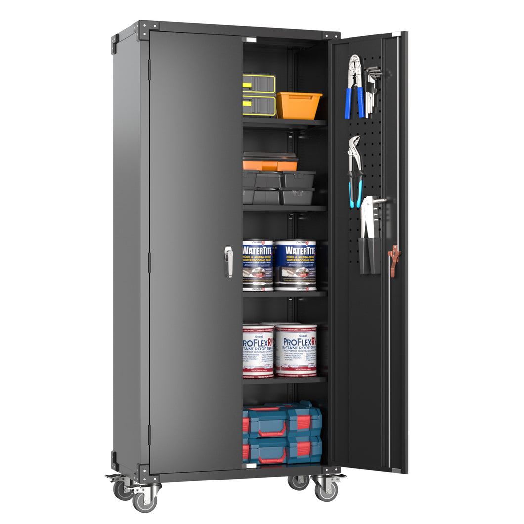 SUXXAN 72 Inches Black Metal Storage Cabinet with Wheels, Rolling Storage Garage Cabinet with Adjustable Shelves and Door for Garage, Office, Kitchen, Laundry Room, Assembly Required