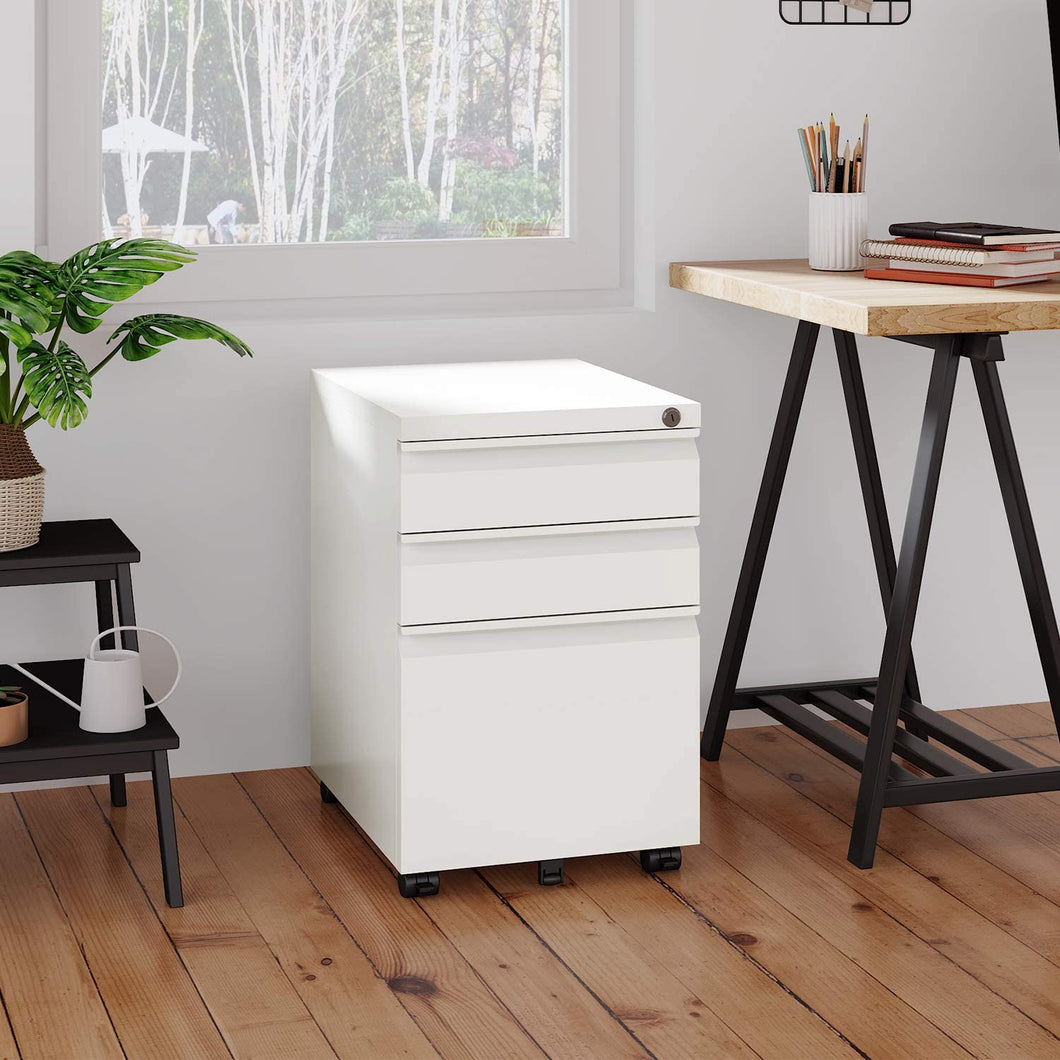 SUXXAN 3 Drawer Metal Mobile Pedestal Cabinet,Fully Assembled Except Casters(White)